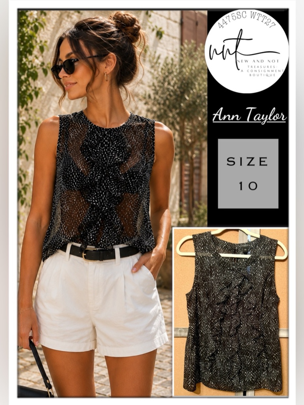 Ann Taylor Size 10 Black White Print Ruffle Front Sleeveless Sheer Blouse